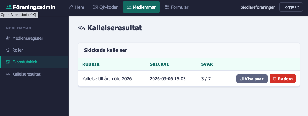 Skärmbild av kallelse med svarsöversikt – vem som svarat ja, nej eller inte svarat